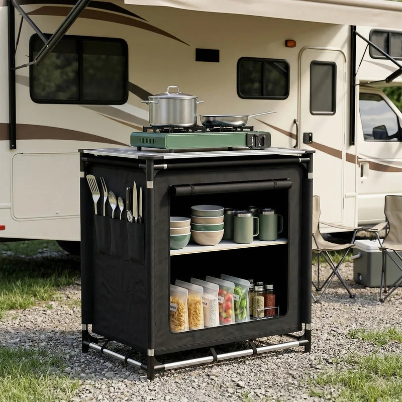 Sekey Campingschrank Faltbar 77x52x76 cm – Campingküche mit Aluminiumgestell & Arbeitsfläche, Tragbar, 2 Stofffächer, Outdoor Tisch