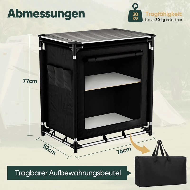Sekey Campingschrank Faltbar 77x52x76 cm – Campingküche mit Aluminiumgestell & Arbeitsfläche, Tragbar, 2 Stofffächer, Outdoor Tisch