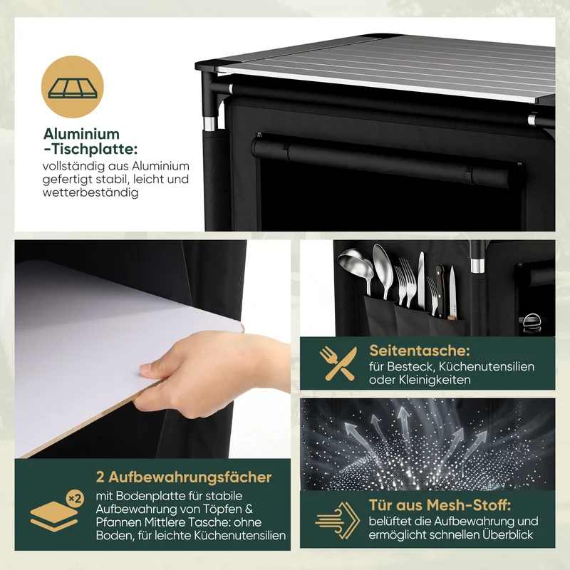 Sekey Campingschrank Faltbar 77x52x76 cm – Campingküche mit Aluminiumgestell & Arbeitsfläche, Tragbar, 2 Stofffächer, Outdoor Tisch