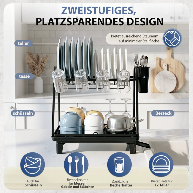 Sekey 2-stufiges Abtropfgestell Geschirr – Platzsparender Doppel-Geschirrständer mit Besteckablage, Rostfrei & Schwarz für Spüle und Küchenarbeitsplatte