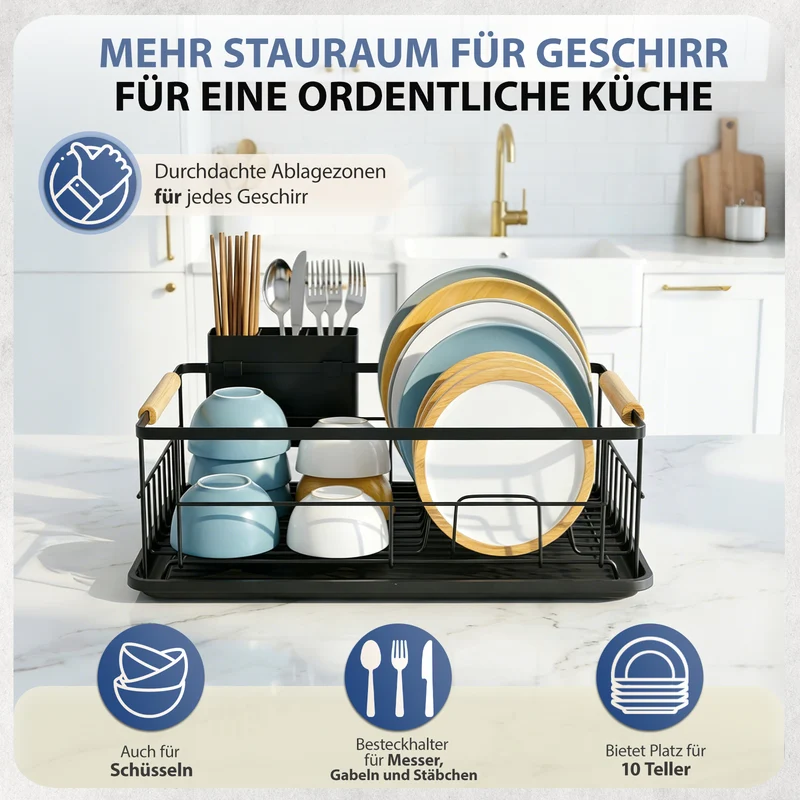 Sekey Abtropfgestell Geschirr mit Holzgriff – Platzsparender Spülen-Organizer mit Besteckablage, Schwarz & Rostfrei, Kompakter Geschirrständer für Küche