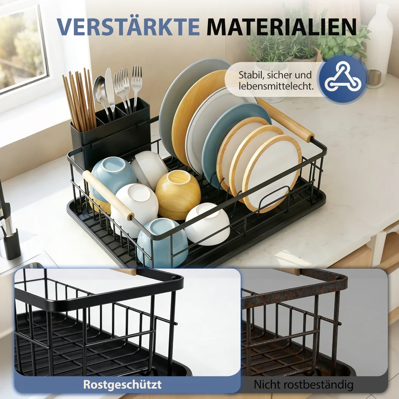 Sekey Abtropfgestell Geschirr mit Holzgriff – Platzsparender Spülen-Organizer mit Besteckablage, Schwarz & Rostfrei, Kompakter Geschirrständer für Küche