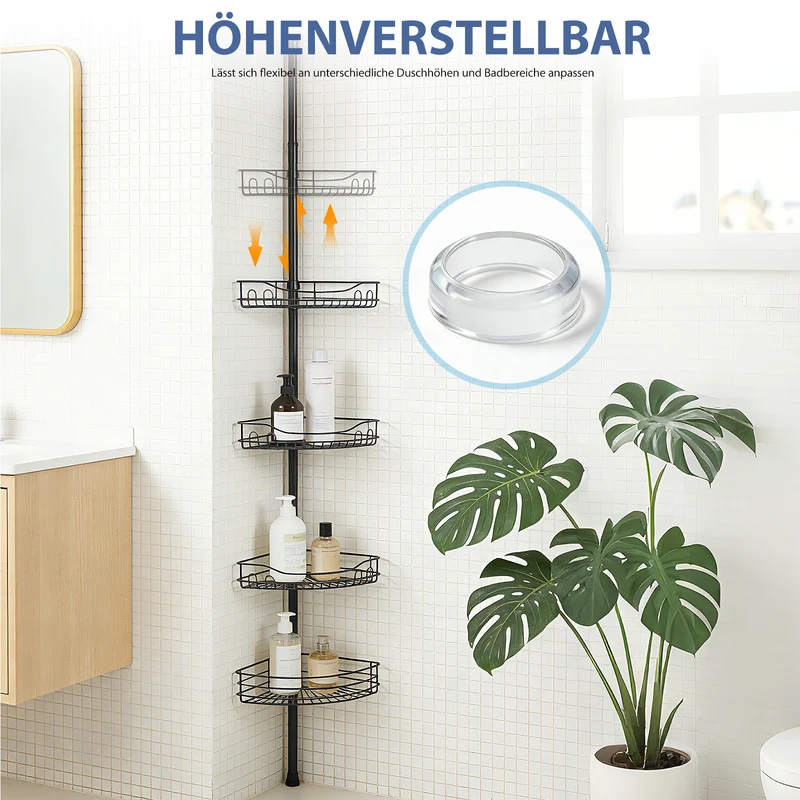 Sekey Duschregal Ohne Bohren – Höhenverstellbares Teleskop-Duschregal 79–315 cm mit 4 festen Körben, Eck-Design & stabiler Stand für Badezimmer