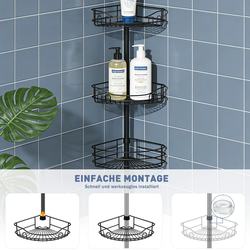 Sekey Duschregal Ohne Bohren – Höhenverstellbares Teleskop-Duschregal 79–315 cm mit 4 festen Körben, Eck-Design & stabiler Stand für Badezimmer