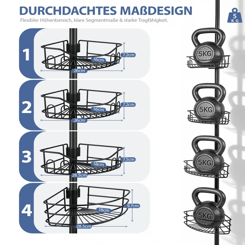 Sekey Duschregal Ohne Bohren – Höhenverstellbares Teleskop-Duschregal 79–315 cm mit Klicksystem, Rostfrei & Eck-Design, Stabiles Badezimmer-Organizer