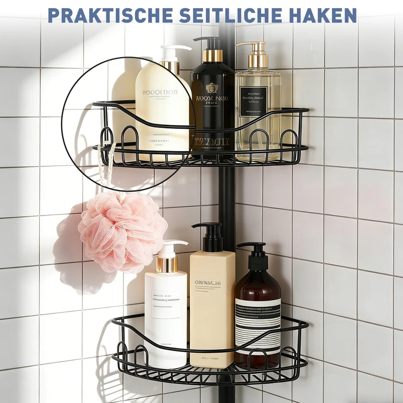 Sekey Duschregal Ohne Bohren – Höhenverstellbares Teleskop-Duschregal 79–315 cm mit Klicksystem, Rostfrei & Eck-Design, Stabiles Badezimmer-Organizer