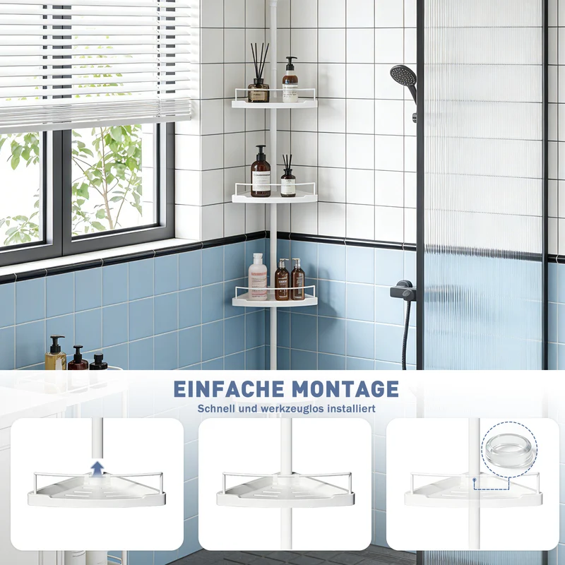 Sekey Duschregal Ohne Bohren Weiß – Höhenverstellbares Eck-Duschregal 79–315 cm mit 4 Kunststoff-Körben, Stabiles Teleskop-Dusch-Organizer für Badezimmer