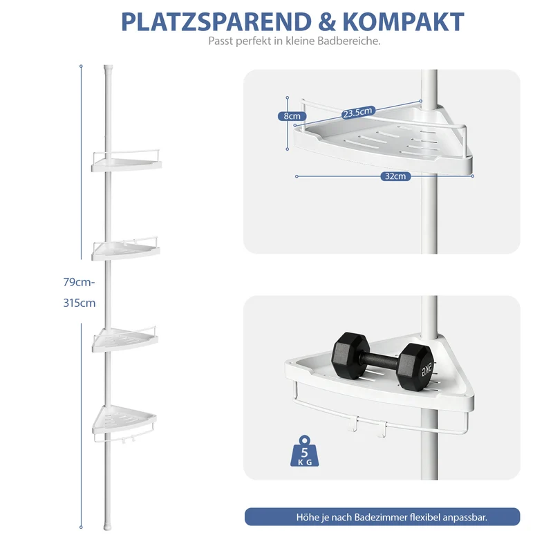 Sekey Duschregal Ohne Bohren Weiß – Höhenverstellbares Eck-Duschregal 79–315 cm mit 4 Kunststoff-Körben, Stabiles Teleskop-Dusch-Organizer für Badezimmer