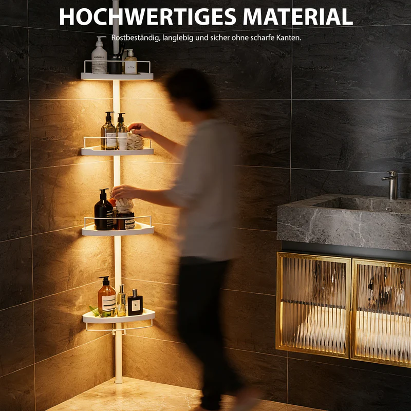 Sekey Duschregal Ohne Bohren Weiß – Höhenverstellbares Eck-Duschregal 79–315 cm mit 4 Kunststoff-Körben, Stabiles Teleskop-Dusch-Organizer für Badezimmer