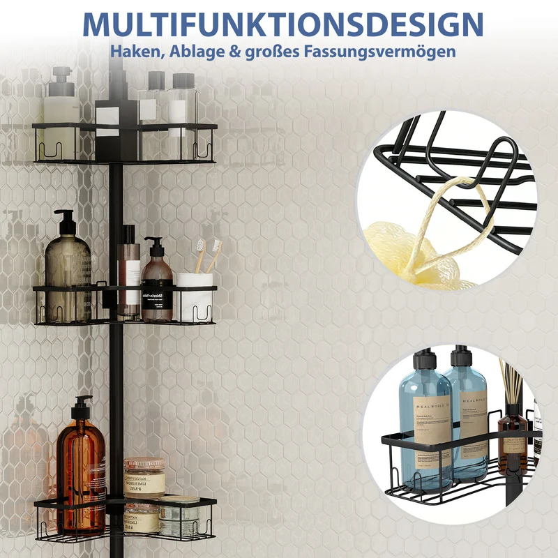Sekey Duschregal Ohne Bohren – Höhenverstellbares Eck-Duschregal 79–315 cm mit 4 Körben & Klicksystem, Stabiles Teleskop-Dusch-Organizer für Badezimmer