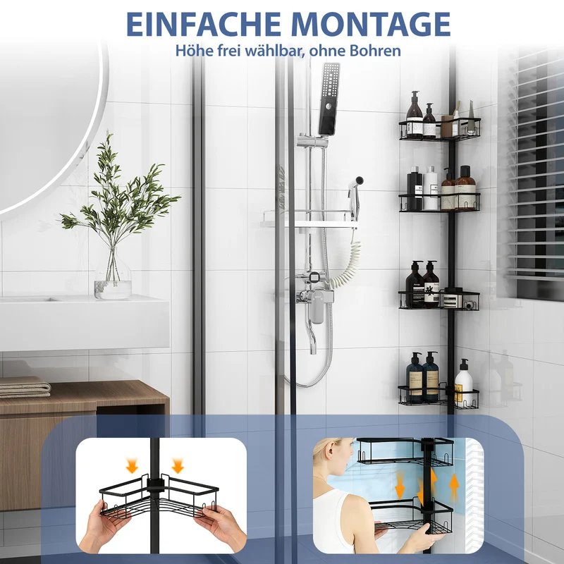 Sekey Duschregal Ohne Bohren – Höhenverstellbares Eck-Duschregal 79–315 cm mit 4 Körben & Klicksystem, Stabiles Teleskop-Dusch-Organizer für Badezimmer
