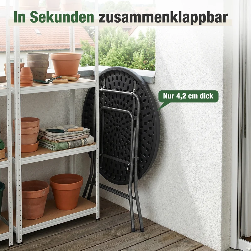 Sekey Runder Klapptisch Ø 81 cm – Campingtisch & Balkontisch klappbar, stabiler Gartentisch in Holzoptik, Beistelltisch für Balkon, Garten & Terrasse