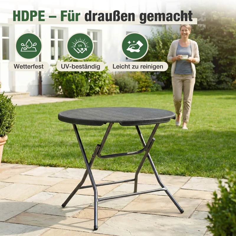 Sekey Runder Klapptisch Ø 81 cm – Campingtisch & Balkontisch klappbar, stabiler Gartentisch in Holzoptik, Beistelltisch für Balkon, Garten & Terrasse
