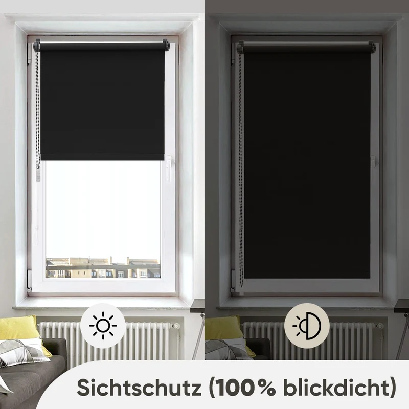 Sekey Verdunkelungsrollo ohne Bohren – Klemmfix Seitenzugrollo für Fenster, Sonnenschutz & Sichtschutz, 100 % Polyester, Schwarz