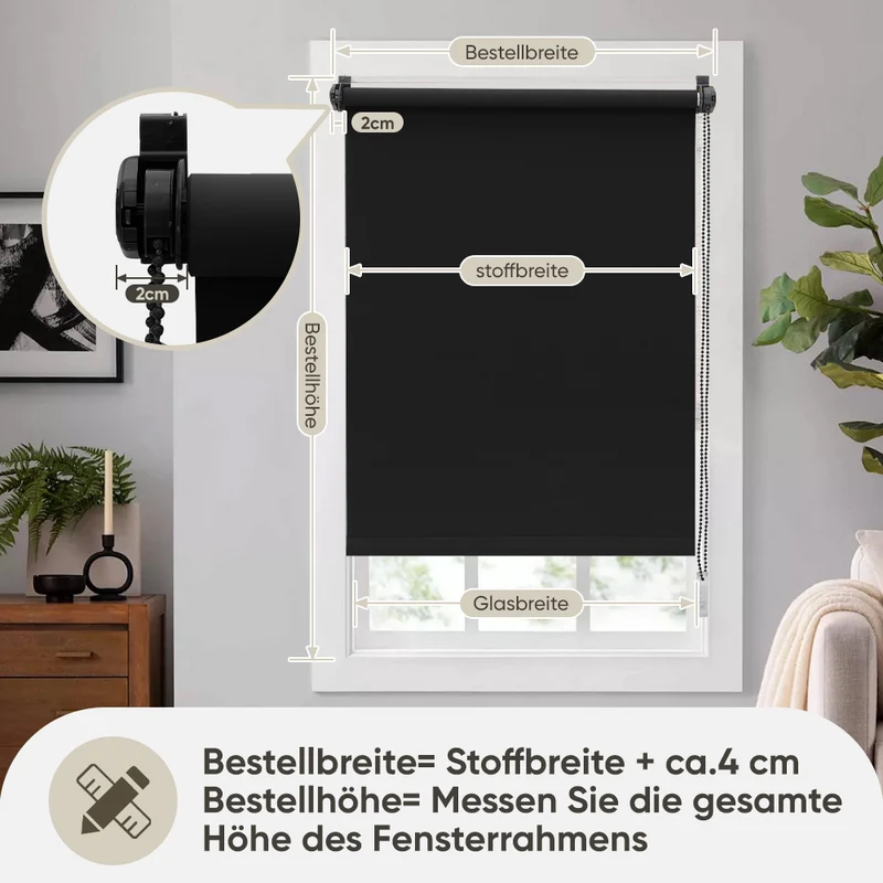 Sekey Verdunkelungsrollo ohne Bohren – Klemmfix Seitenzugrollo für Fenster, Sonnenschutz & Sichtschutz, 100 % Polyester, Schwarz