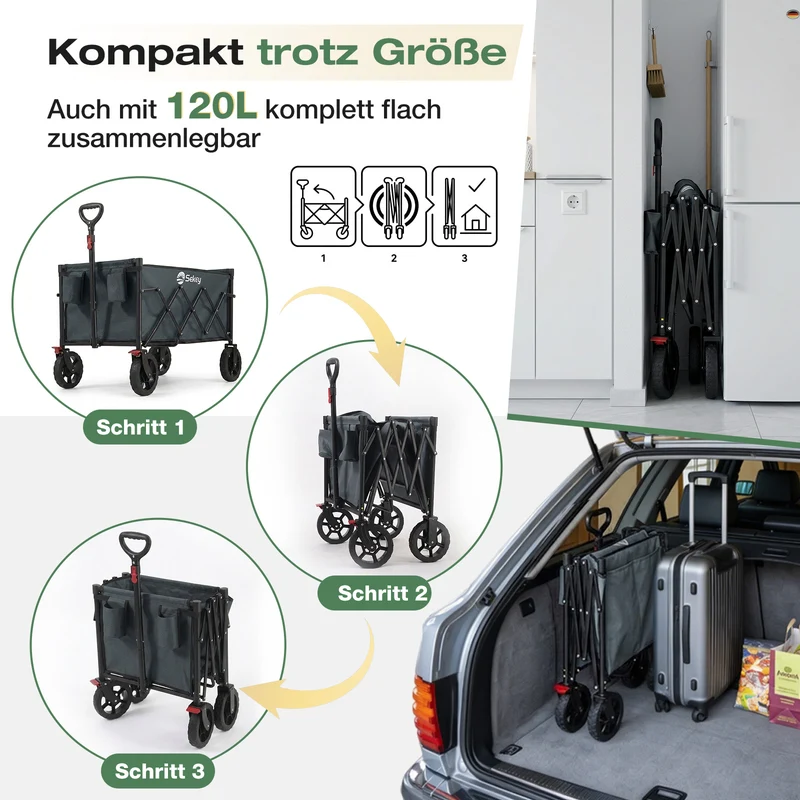 Sekey Bollerwagen Faltbar 120L – bis 100kg belastbar, Geländetauglicher Handwagen mit Bremse & verstellbarer Zugstange (83–103 cm), klappbar & kompakt für Camping, Einkauf & Transport, 4029 Pro, 4030