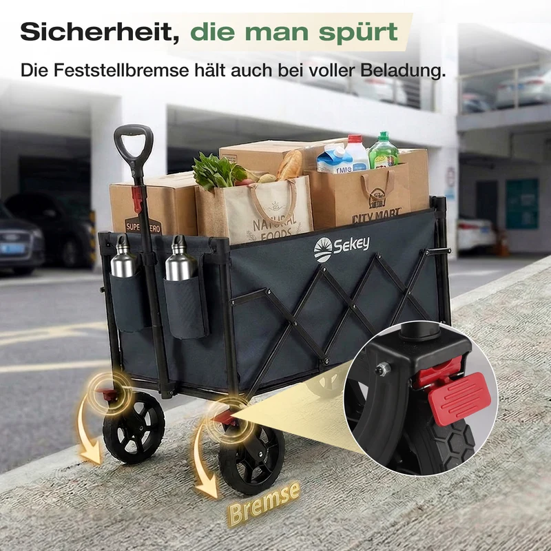 Sekey Bollerwagen Faltbar 120L – bis 100kg belastbar, Geländetauglicher Handwagen mit Bremse & verstellbarer Zugstange (83–103 cm), klappbar & kompakt für Camping, Einkauf & Transport, 4029 Pro, 4030