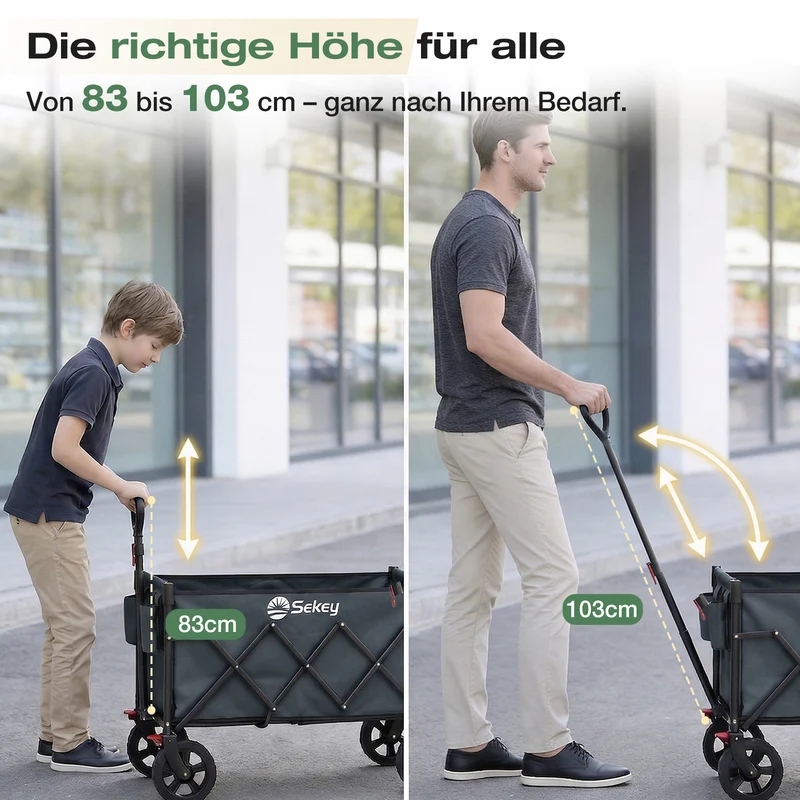 Sekey Bollerwagen Faltbar 120L – bis 100kg belastbar, Geländetauglicher Handwagen mit Bremse & verstellbarer Zugstange (83–103 cm), klappbar & kompakt für Camping, Einkauf & Transport, 4029 Pro, 4030