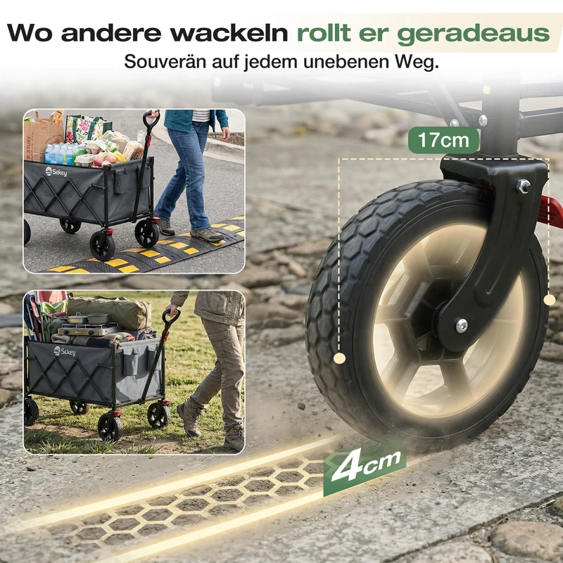 Sekey Bollerwagen Faltbar 120L – bis 100kg belastbar, Geländetauglicher Handwagen mit Bremse & verstellbarer Zugstange (83–103 cm), klappbar & kompakt für Camping, Einkauf & Transport, 4029 Pro, 4030