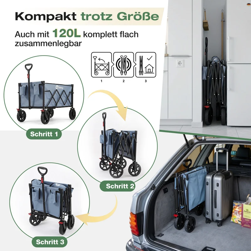 Sekey Bollerwagen Faltbar 120L – bis 100kg belastbar, Geländetauglicher Handwagen mit Bremse & verstellbarer Zugstange (83–103 cm), klappbar & kompakt für Camping, Einkauf & Transport, 4029 Pro, 4030
