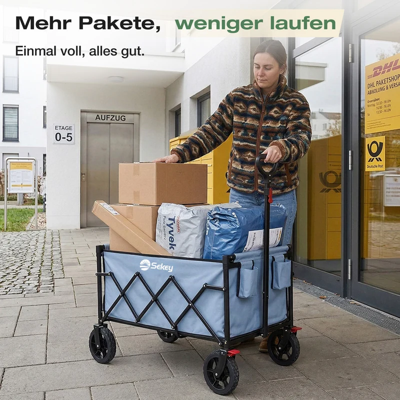 Sekey Bollerwagen Faltbar 120L – bis 100kg belastbar, Geländetauglicher Handwagen mit Bremse & verstellbarer Zugstange (83–103 cm), klappbar & kompakt für Camping, Einkauf & Transport, 4029 Pro, 4030