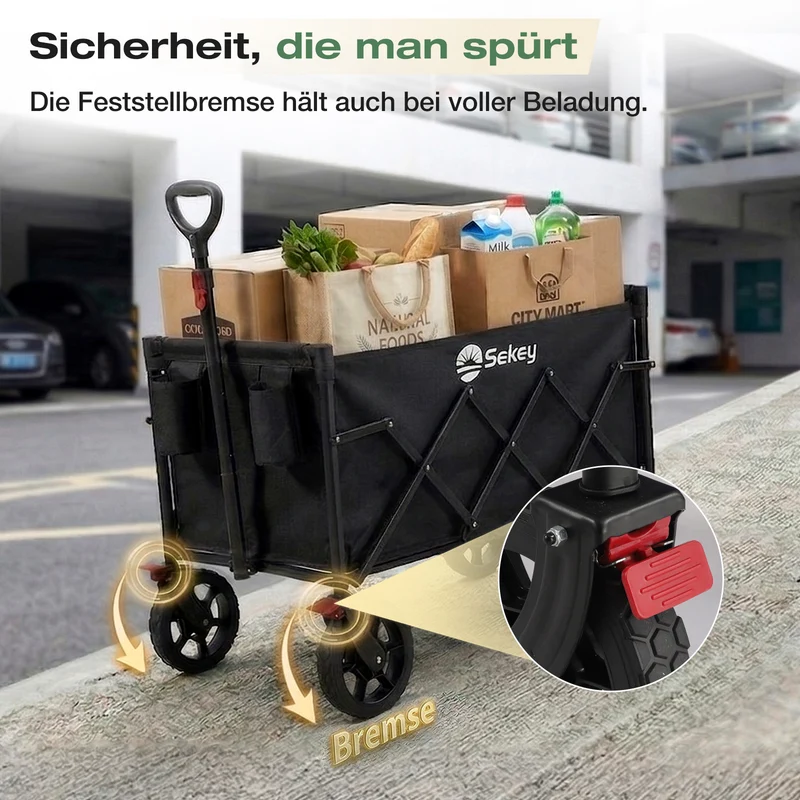 Sekey Bollerwagen Faltbar 120L – bis 100kg belastbar, Geländetauglicher Handwagen mit Bremse & verstellbarer Zugstange (83–103 cm), klappbar & kompakt für Camping, Einkauf & Transport, 4029 Pro, 4030