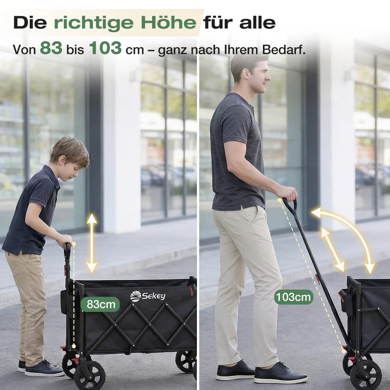 Sekey Bollerwagen Faltbar 120L – bis 100kg belastbar, Geländetauglicher Handwagen mit Bremse & verstellbarer Zugstange (83–103 cm), klappbar & kompakt für Camping, Einkauf & Transport, 4029 Pro, 4030
