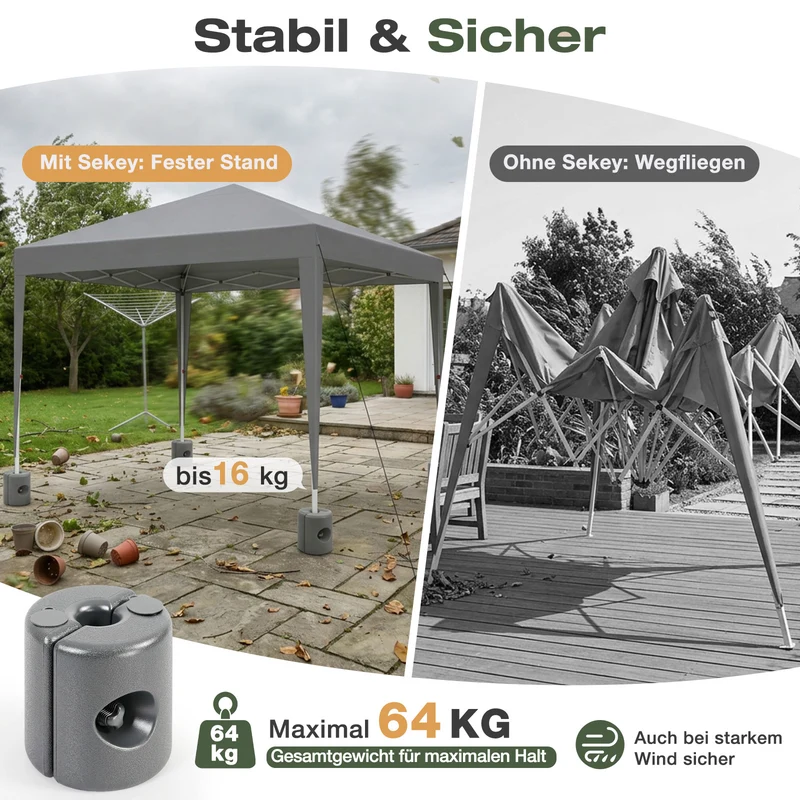 Sekey Pavillon Gewichte 4er Set – bis 64 kg befüllbar mit Wasser & Sand, HDPE wetterfest, Standfüße für Pavillon, Gartenzelt & Partyzelt, einfache Montage