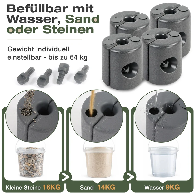 Sekey Pavillon Gewichte 4er Set – bis 64 kg befüllbar mit Wasser & Sand, HDPE wetterfest, Standfüße für Pavillon, Gartenzelt & Partyzelt, einfache Montage