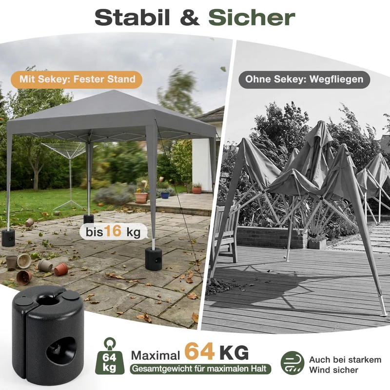Sekey Pavillon Gewichte 4er Set – bis 64 kg befüllbar mit Wasser & Sand, HDPE wetterfest, Standfüße für Pavillon, Gartenzelt & Partyzelt, einfache Montage