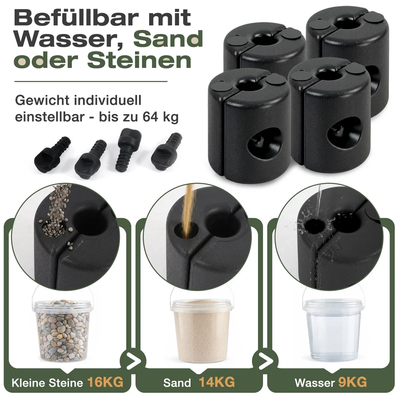 Sekey Pavillon Gewichte 4er Set – bis 64 kg befüllbar mit Wasser & Sand, HDPE wetterfest, Standfüße für Pavillon, Gartenzelt & Partyzelt, einfache Montage