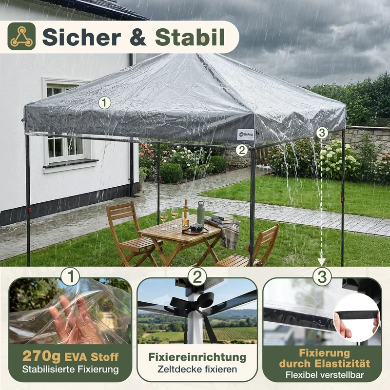 Sekey Pavillon Ersatzdach 3x3 Transparent – Wasserdicht & Winterfest, 270g/m² EVA Dachplane Stabil, Ersatzdach für Pavillon 3x3 für Garten, Terrasse & Outdoor