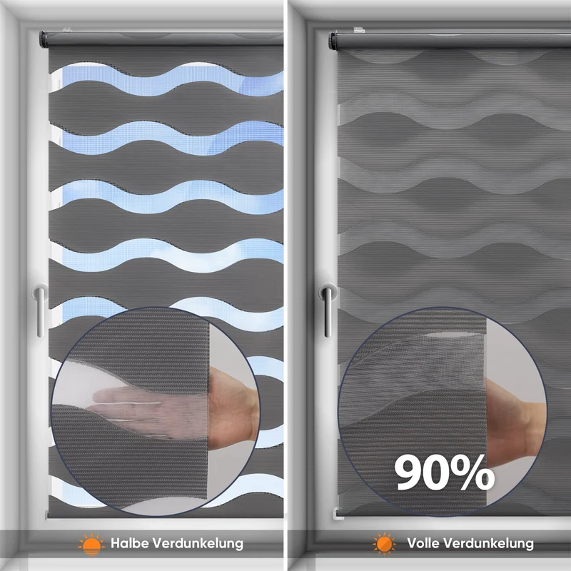 Sekey Doppelrollo Wellenmuster Duo-Rollo Klemmfix ohne Bohren - Lichtdurchlässig & Blickdicht, Fensterrollo für Wohnzimmer, Schlafzimmer & Büro