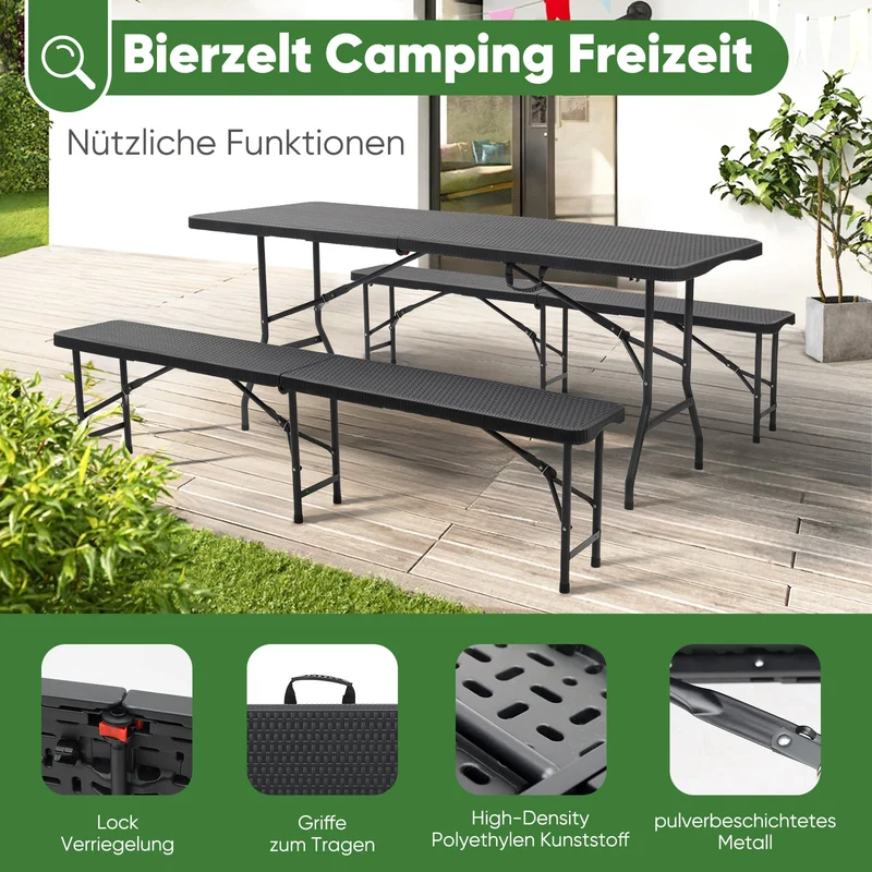Sekey Klappbare Bierzeltgarnitur 180 cm im Rattan-Look – Gartenmöbel Set für Terrasse, Balkon & Outdoor-Events