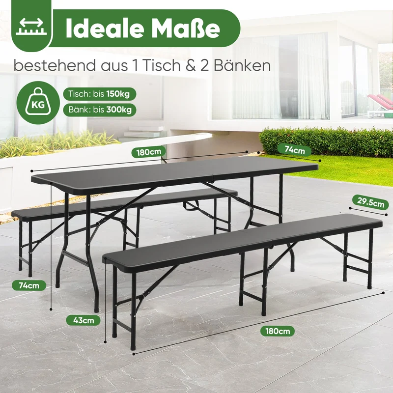 Sekey 3-tlg. Bierzeltgarnitur 180 cm – Klappbares Gartenmöbel-Set mit Tisch & 2 Bänken, Wetterfest & Tragbar für Garten, Balkon & Camping