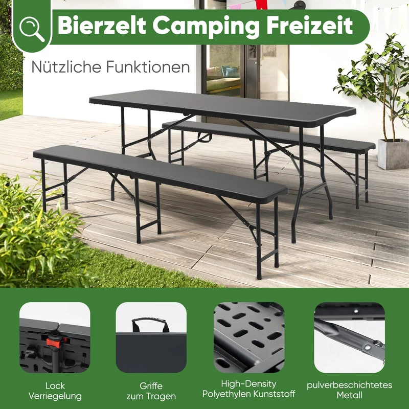 Sekey 3-tlg. Bierzeltgarnitur 180 cm – Klappbares Gartenmöbel-Set mit Tisch & 2 Bänken, Wetterfest & Tragbar für Garten, Balkon & Camping