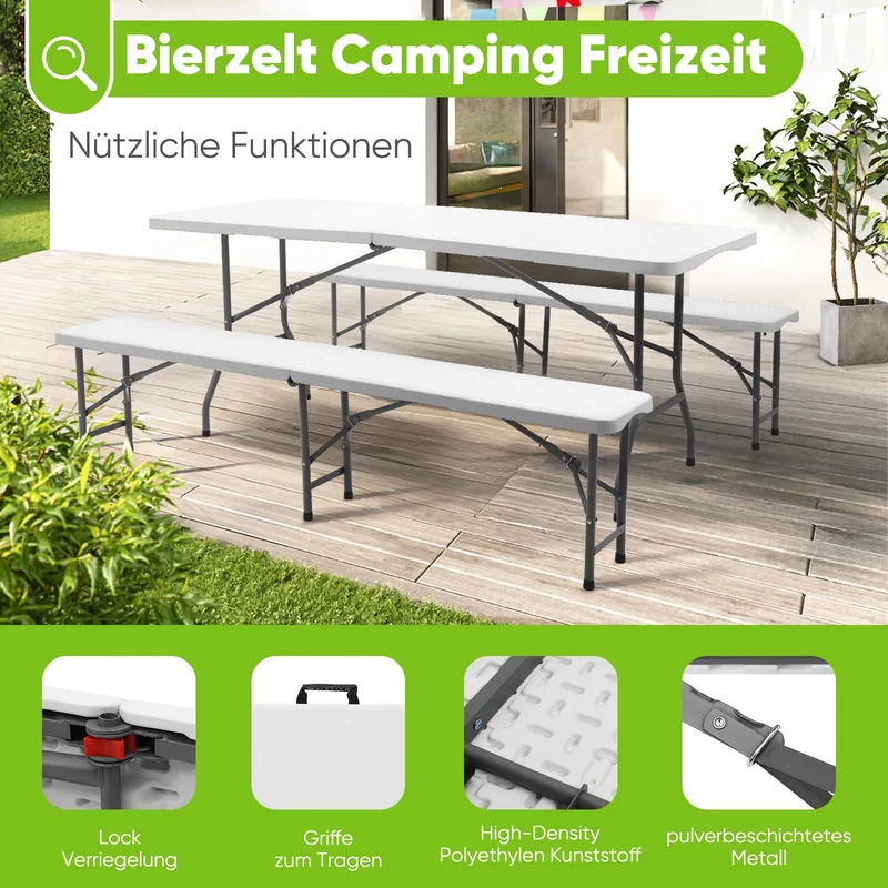 Sekey 3-tlg. Bierzeltgarnitur 180 cm – Klappbares Gartenmöbel-Set mit Tisch & 2 Bänken, Wetterfest & Tragbar für Garten, Balkon & Camping