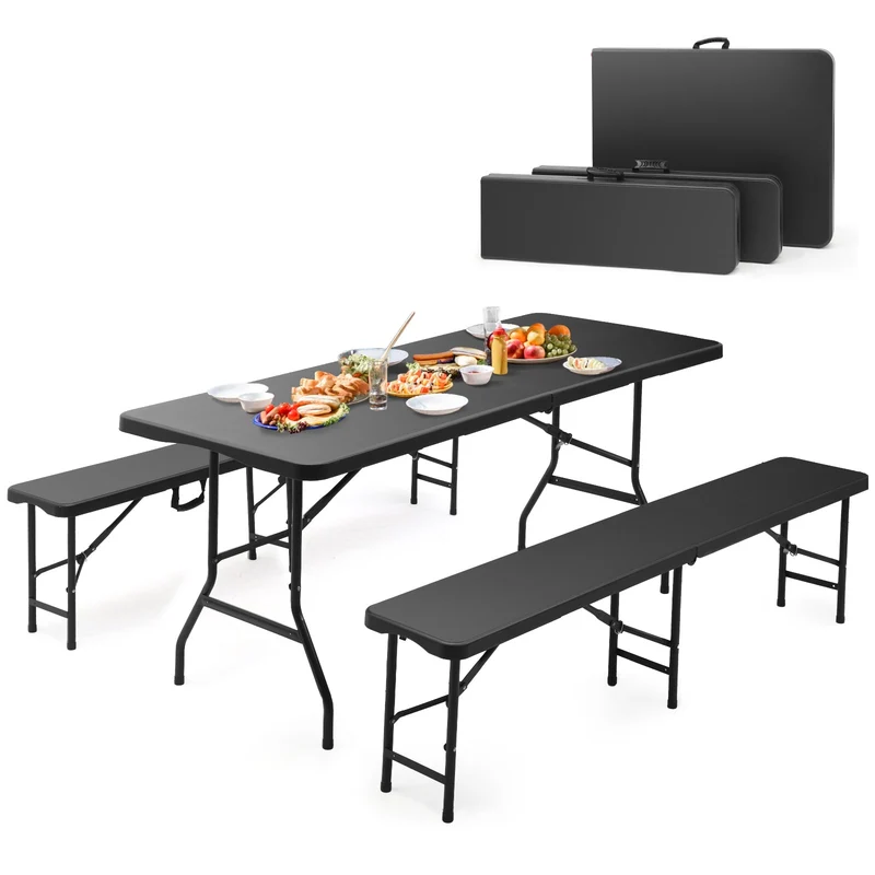 Sekey 3-tlg. Bierzeltgarnitur 180 cm – Klappbares Gartenmöbel-Set mit Tisch & 2 Bänken, Wetterfest & Tragbar für Garten, Balkon & Camping