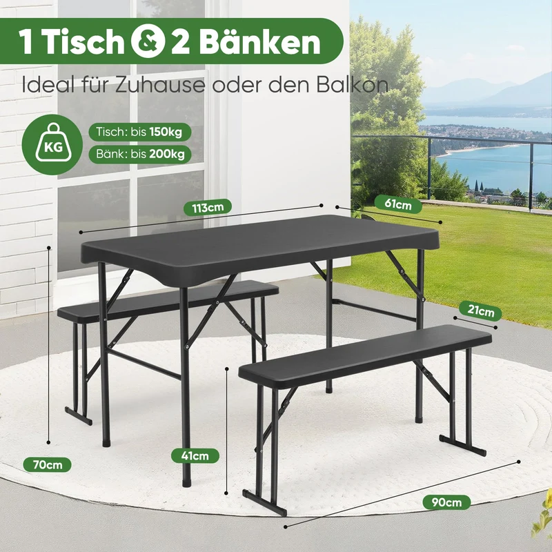 Sekey Bierzeltgarnitur 113 cm – 3-teiliges klappbares Set mit Tisch & 2 Bänken | Esstischgarnitur für Garten, Balkon, Camping oder Party