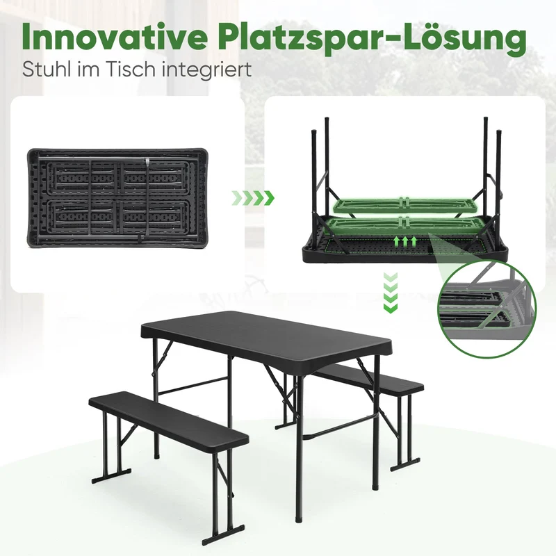 Sekey Bierzeltgarnitur 113 cm – 3-teiliges klappbares Set mit Tisch & 2 Bänken | Esstischgarnitur für Garten, Balkon, Camping oder Party