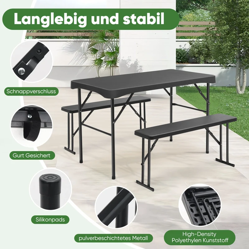 Sekey Bierzeltgarnitur 113 cm – 3-teiliges klappbares Set mit Tisch & 2 Bänken | Esstischgarnitur für Garten, Balkon, Camping oder Party