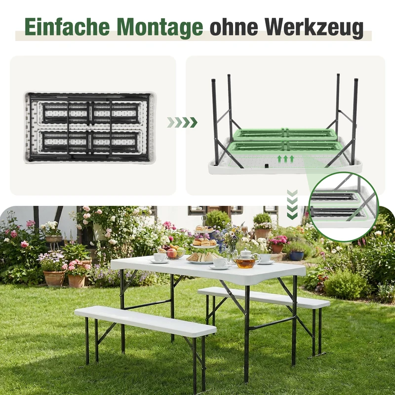 Sekey Bierzeltgarnitur 113 cm – 3-teiliges klappbares Set mit Tisch & 2 Bänken | Esstischgarnitur für Garten, Balkon, Camping oder Party