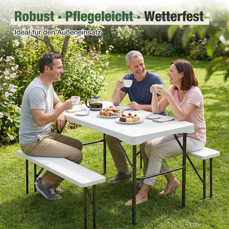 Sekey Bierzeltgarnitur 113 cm – 3-teiliges klappbares Set mit Tisch & 2 Bänken | Esstischgarnitur für Garten, Balkon, Camping oder Party