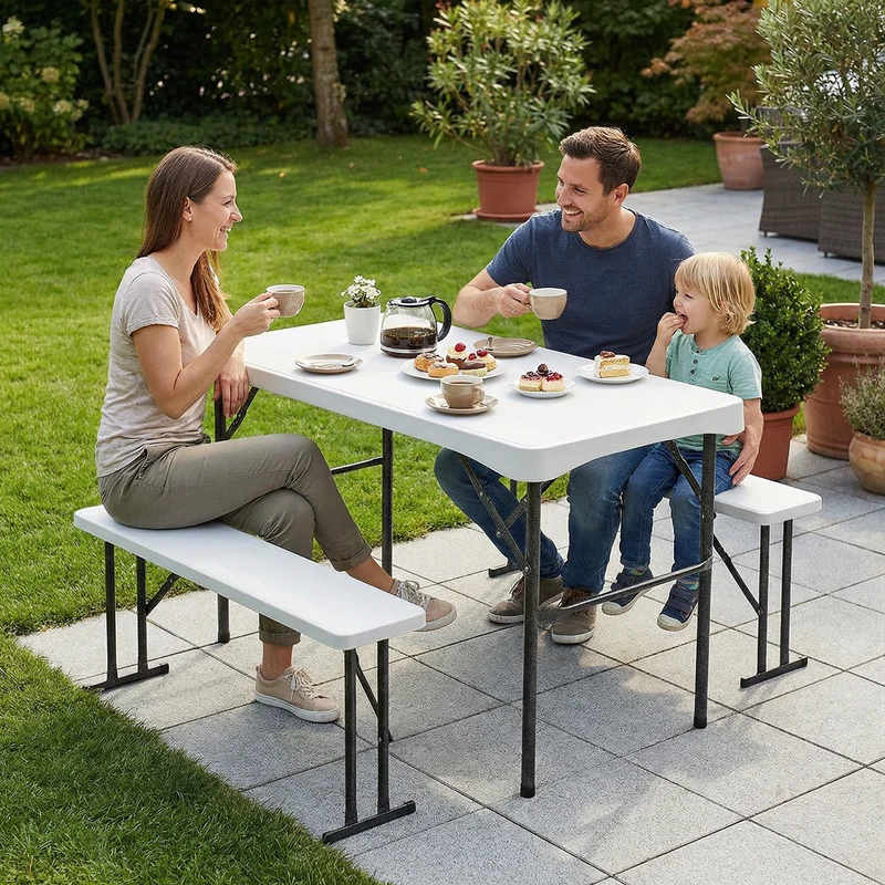 Sekey Bierzeltgarnitur 113 cm – 3-teiliges klappbares Set mit Tisch & 2 Bänken | Esstischgarnitur für Garten, Balkon, Camping oder Party