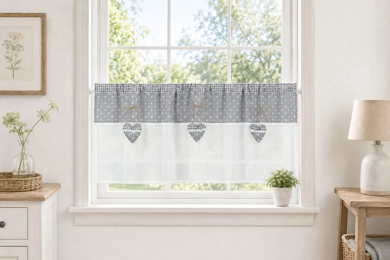 Scheibengardine Landhaus grau Herz HxB 48x140cm