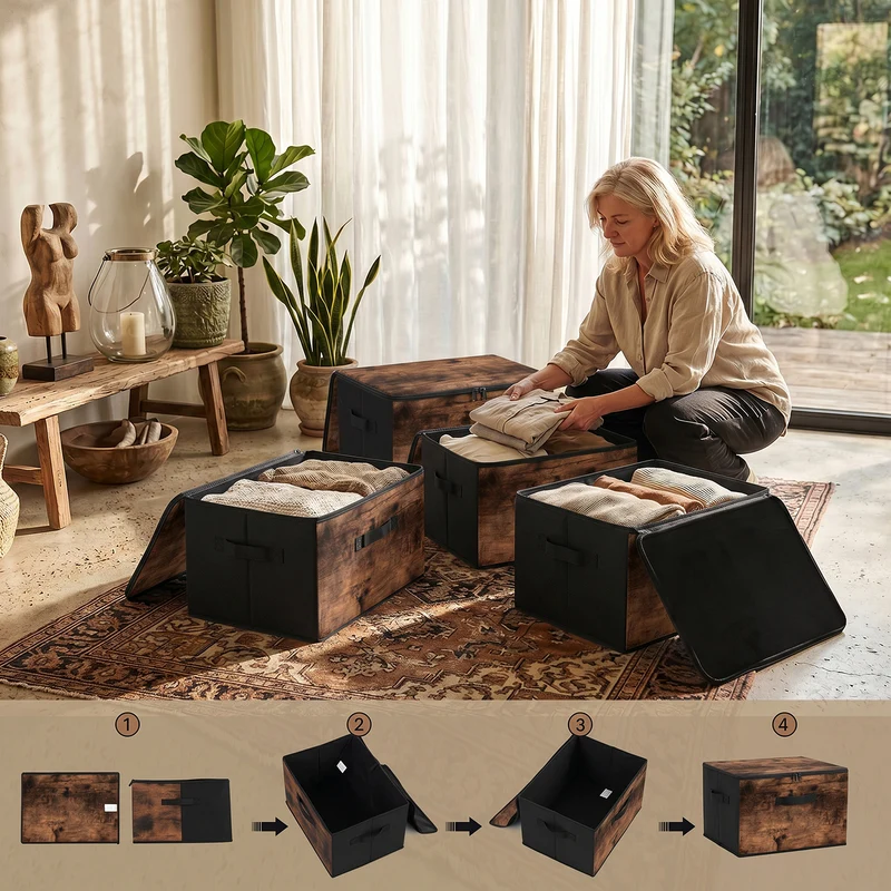 Sekey Aufbewahrungsboxen mit Deckel & Griffen – Faltbare Stoffboxen Organizer 50×30×30 cm, stapelbar für Kleiderschrank & Regal – 3er/6er Set, Holzoptik
