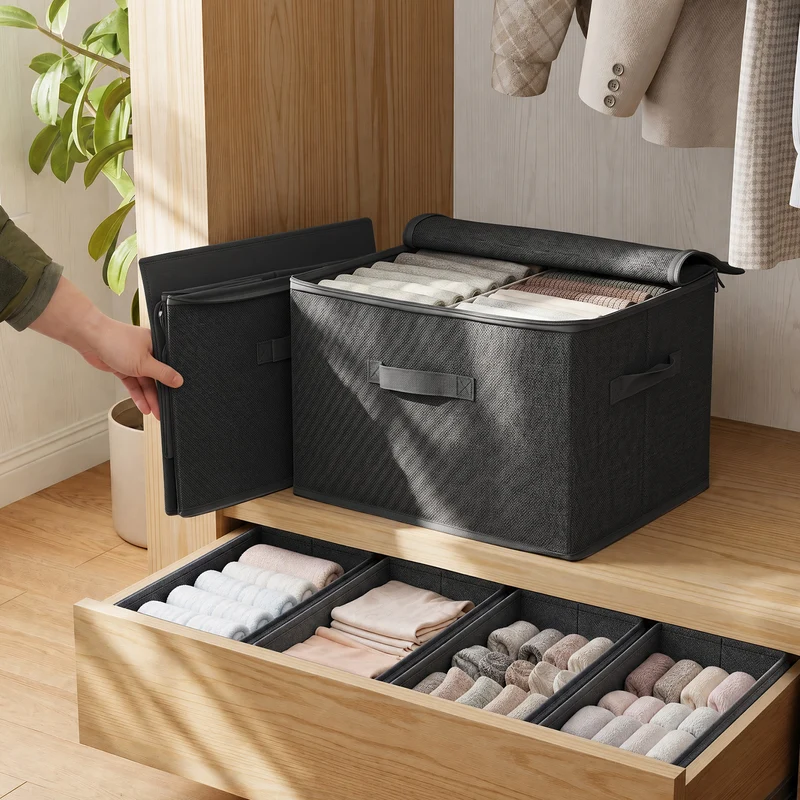 Sekey Aufbewahrungsboxen mit Deckel & Griffen – Faltbare Stoffboxen Organizer 50×30×30 cm, stapelbar für Kleiderschrank & Regal – 3er/6er Set, Anthrazit