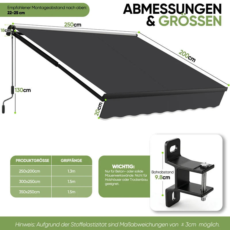 Sekey Gelenkarmmarkise 250x200 cm mit Handkurbel – 0–53° stufenlos neigbar, Doppel-Stahlseilzug, 280g/m² wasserdichtes Polyester, UV50+ Sonnenschutz für Balkon, Terrasse & Garten