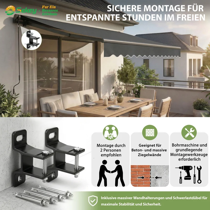 Sekey Gelenkarmmarkise 250x200 cm mit Handkurbel – 0–53° stufenlos neigbar, Doppel-Stahlseilzug, 280g/m² wasserdichtes Polyester, UV50+ Sonnenschutz für Balkon, Terrasse & Garten