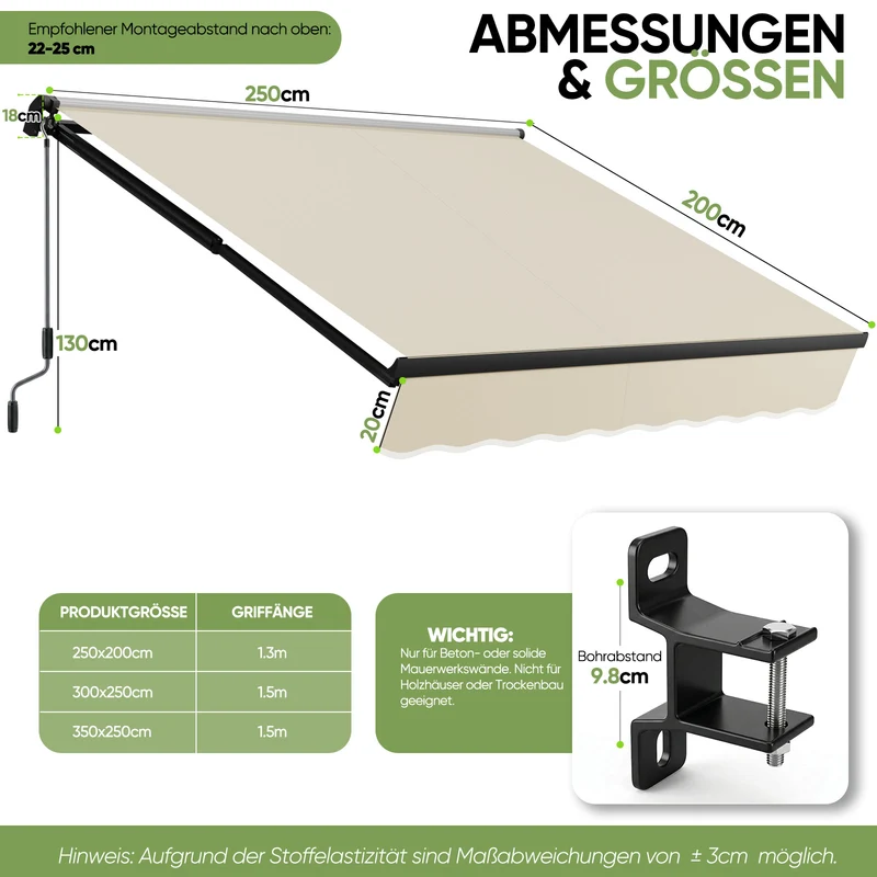 Sekey Gelenkarmmarkise 300x250 cm Beige mit Handkurbel – 0–53° stufenlos neigbar, Doppel-Stahlseilzug, 280g/m² wasserdichtes Polyester, UV50+ Sonnenschutz für Balkon, Terrasse & Garten